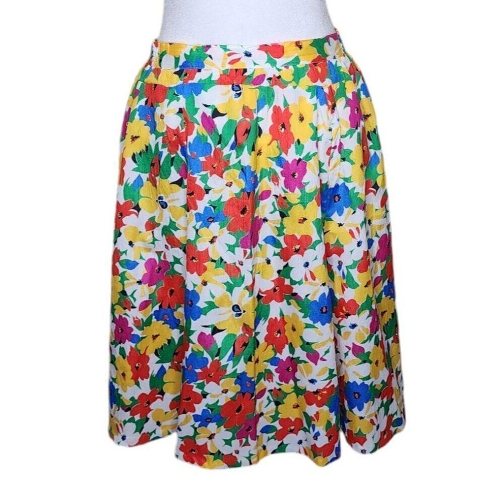 Vintage 80s ALine Flare Midi Floral Skirt Womens Size M Multicolor